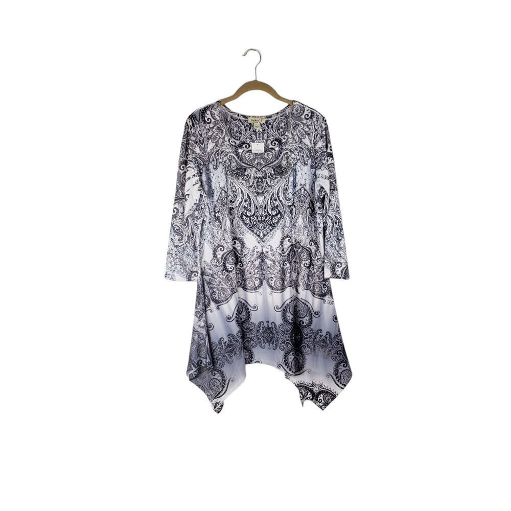 One World Sharkbite Tunic Top Black White Paisley Scoop Neck Size Medium NWT